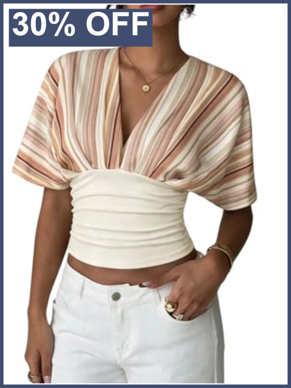 Striped Dolman Sleeve Cinched Waist Crop Top Y2K Going Out Tee